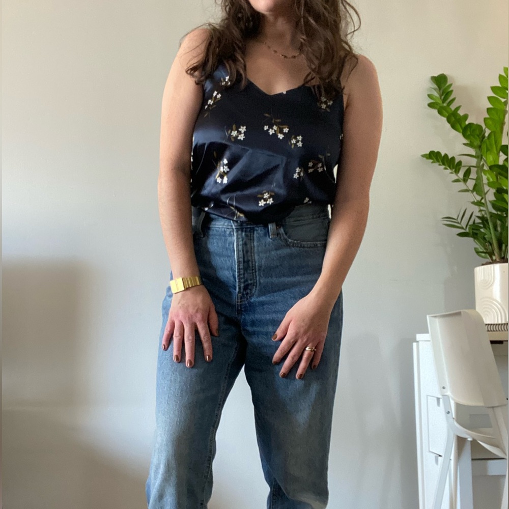 Navy silk tank top with floral pattern